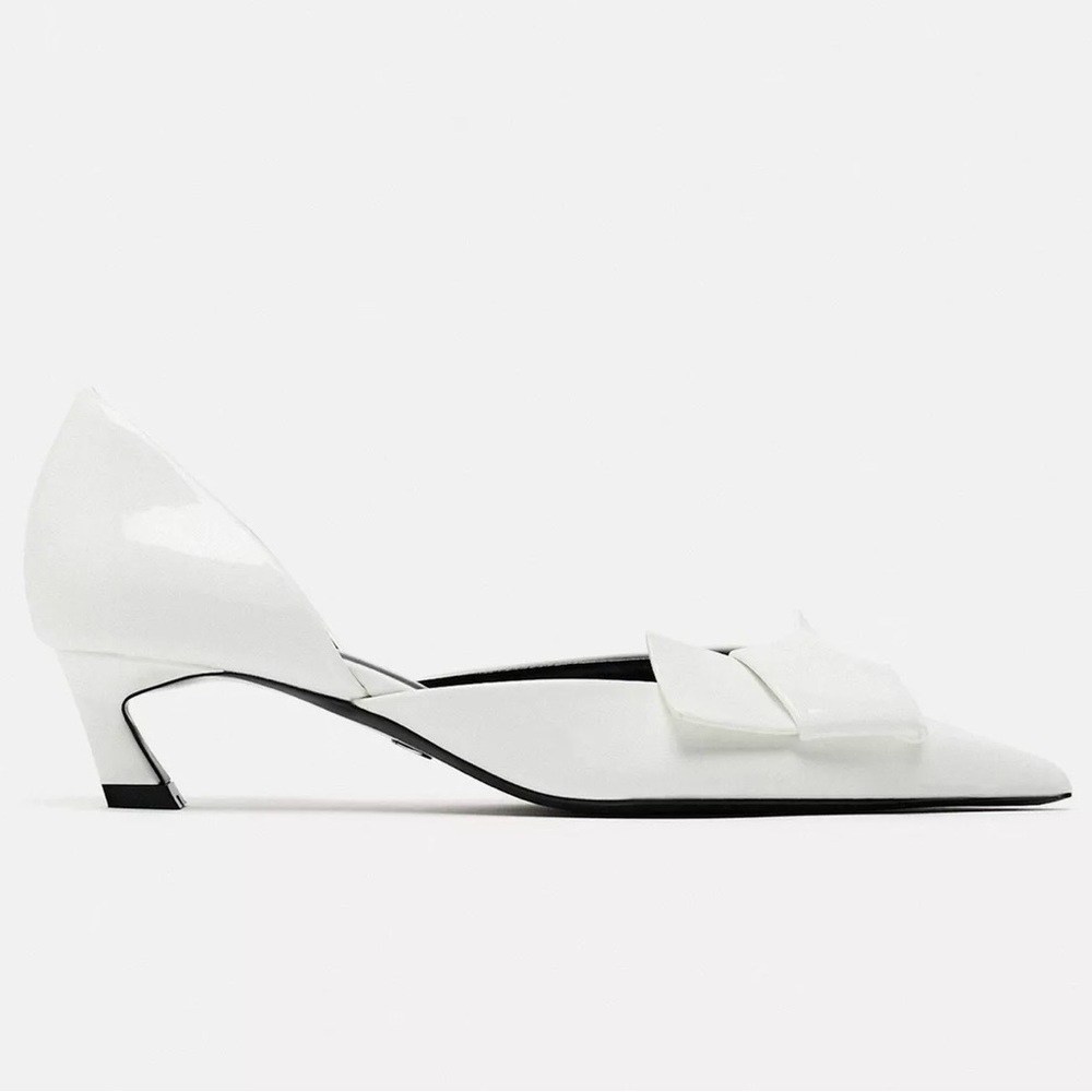 Zara White Patent Low Heel Pointed Slingback with Bow Detail